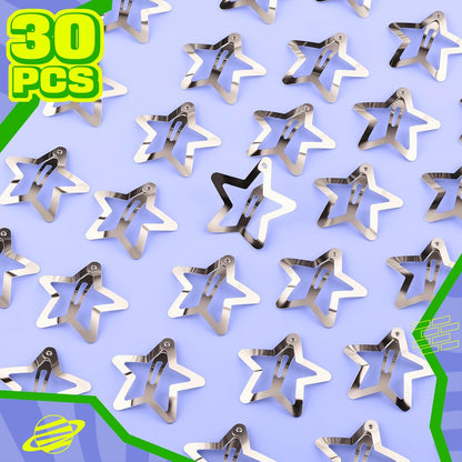 30 PCS 1.61" Star Hair Clips, Y2K Hair Accessories, Silver Clips for Girls Women, Rave Accessories, Non Slip Barrettes, Metal Snap Hair Clips