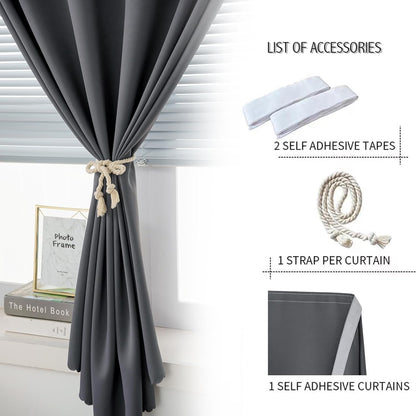 Magic Tape Blackout Curtains for Bedroom No Drillng Self Adhesive Curtains No Rod Small Window, 47" W X 84" L, Grey, 1 Panel
