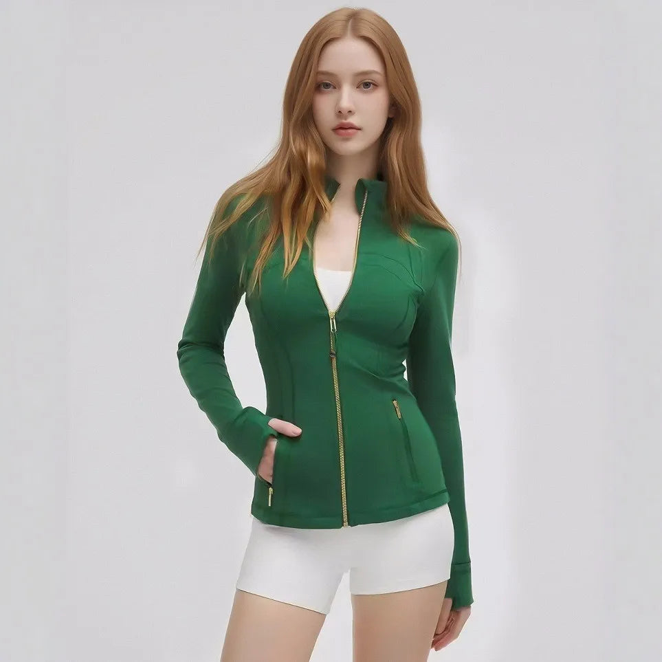 Women'S New Spring & Summer 2.0 Version Stand Collar Gold Zipper High Stretch Sports Jacket - Ideal for Outdoor Running Yoga