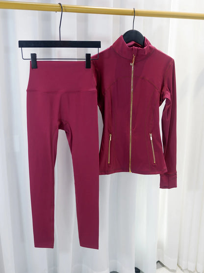 Gold Zipper Jacket and Yoga Pants Set, Sportswear, Quick-Dry and Breathable, Slimming and Lightweight, Tight-Fitting