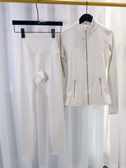 Gold Zipper Jacket and Yoga Pants Set, Sportswear, Quick-Dry and Breathable, Slimming and Lightweight, Tight-Fitting