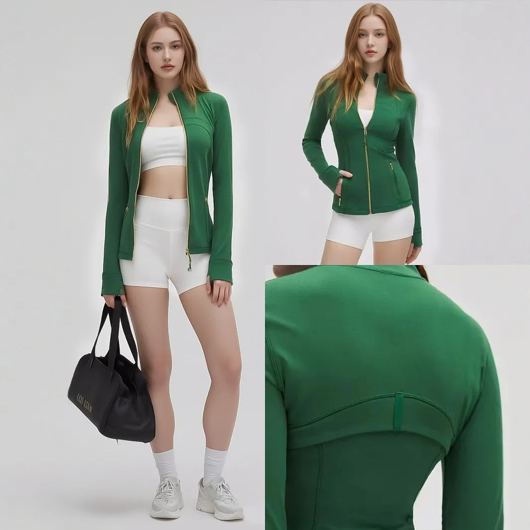 Women'S New Spring & Summer 2.0 Version Stand Collar Gold Zipper High Stretch Sports Jacket - Ideal for Outdoor Running Yoga