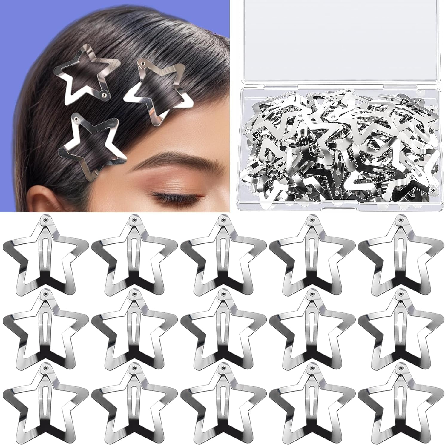 30 PCS 1.61" Star Hair Clips, Y2K Hair Accessories, Silver Clips for Girls Women, Rave Accessories, Non Slip Barrettes, Metal Snap Hair Clips