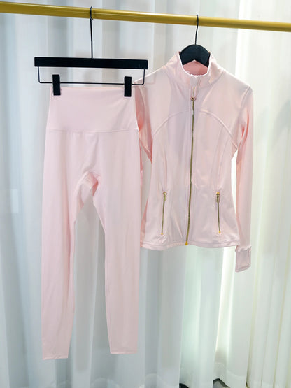 Gold Zipper Jacket and Yoga Pants Set, Sportswear, Quick-Dry and Breathable, Slimming and Lightweight, Tight-Fitting