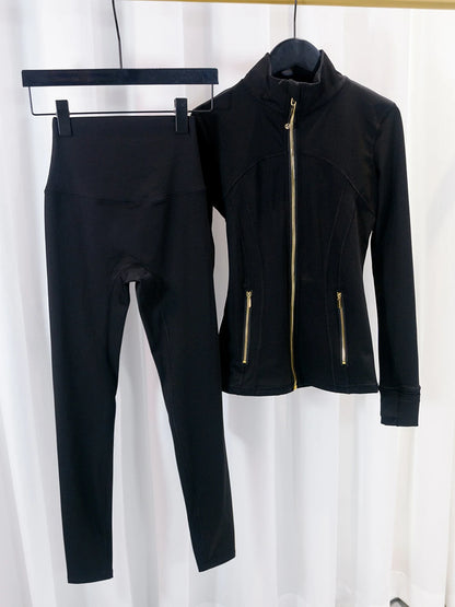Gold Zipper Jacket and Yoga Pants Set, Sportswear, Quick-Dry and Breathable, Slimming and Lightweight, Tight-Fitting
