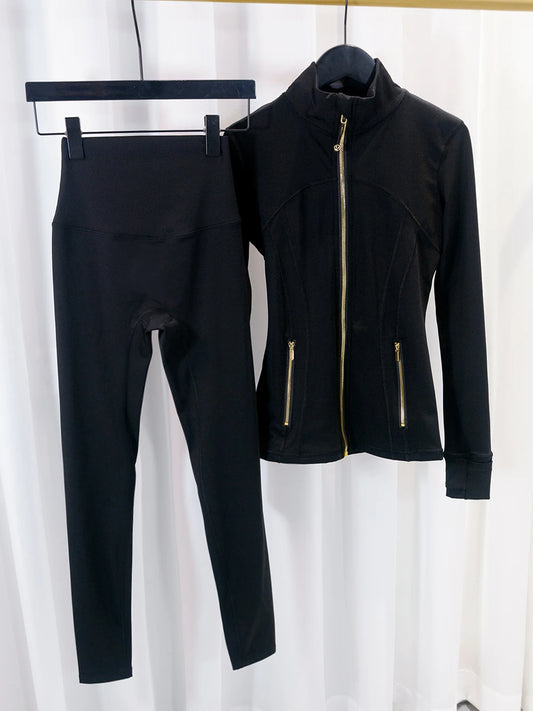 Gold Zipper Jacket and Yoga Pants Set, Sportswear, Quick-Dry and Breathable, Slimming and Lightweight, Tight-Fitting