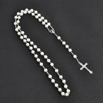 Vintage Pearl Bead Chain Christian Catholic Rosary Cross Rosary Pendant Necklace for Women Men Charm Religious Jewelry Gifts