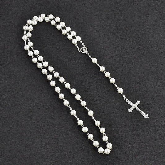 Vintage Pearl Bead Chain Christian Catholic Rosary Cross Rosary Pendant Necklace for Women Men Charm Religious Jewelry Gifts